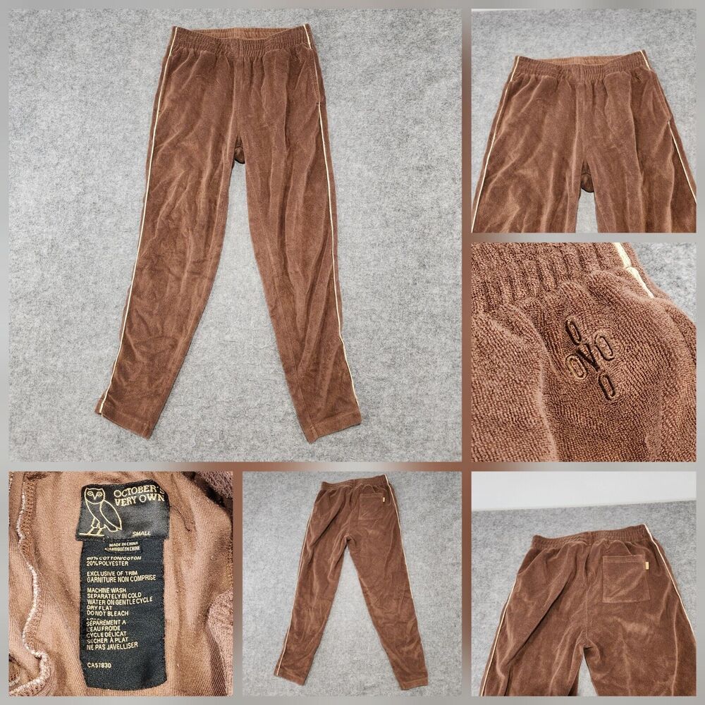 OVO October's Very Own Mens Adult S Small Velour Track Pants Brown Stretch Waist